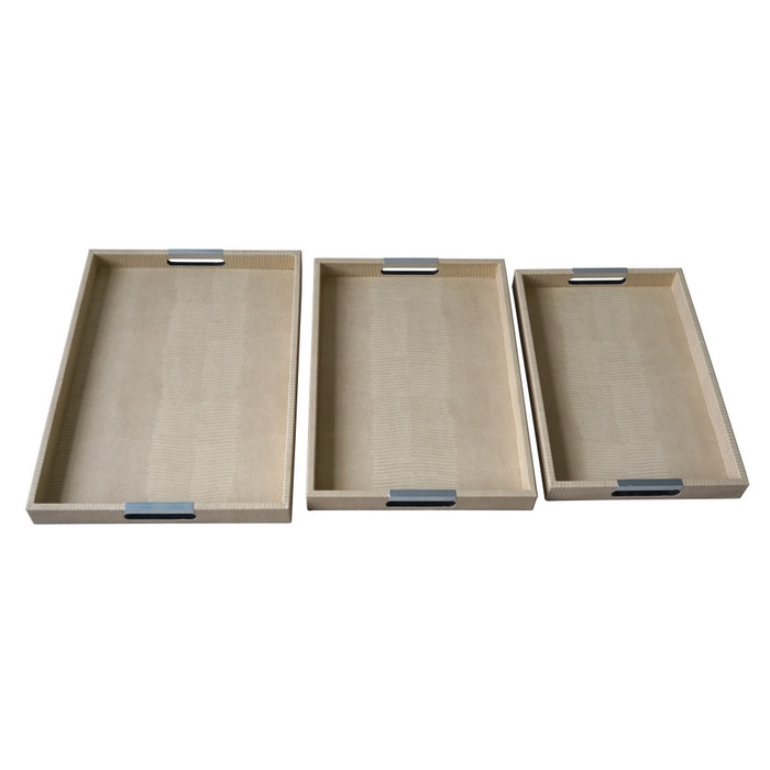 Wood Tray (Set Of 3) In White Pu-Faux Leather Plutus PBTH94522