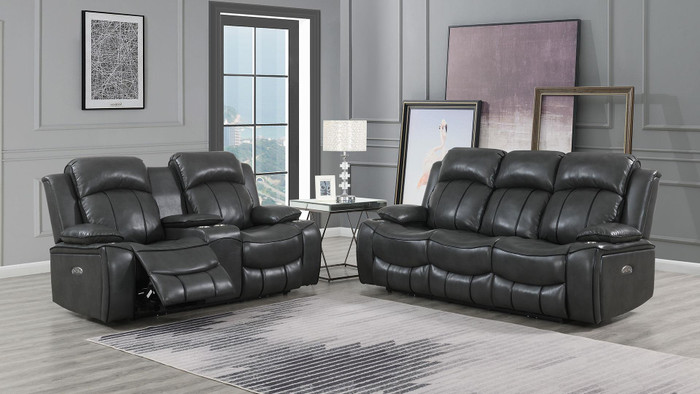 2-Piece Power Reclining Sofa & Console Reclining Loveseat With Power Strip & Armrest Cupholder U3120-CHARCOAL GREY/BLACK WELT-PRS/PRCLS