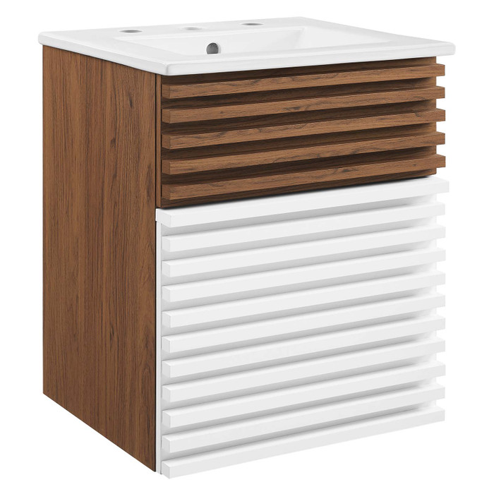 EEI-5419-WHI-WAL-WHI Render 18" Wall-Mount Bathroom Vanity - White Walnut White By Modway
