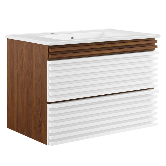 EEI-5421-WHI-WAL-WHI Render 30" Wall-Mount Bathroom Vanity - White Walnut White By Modway