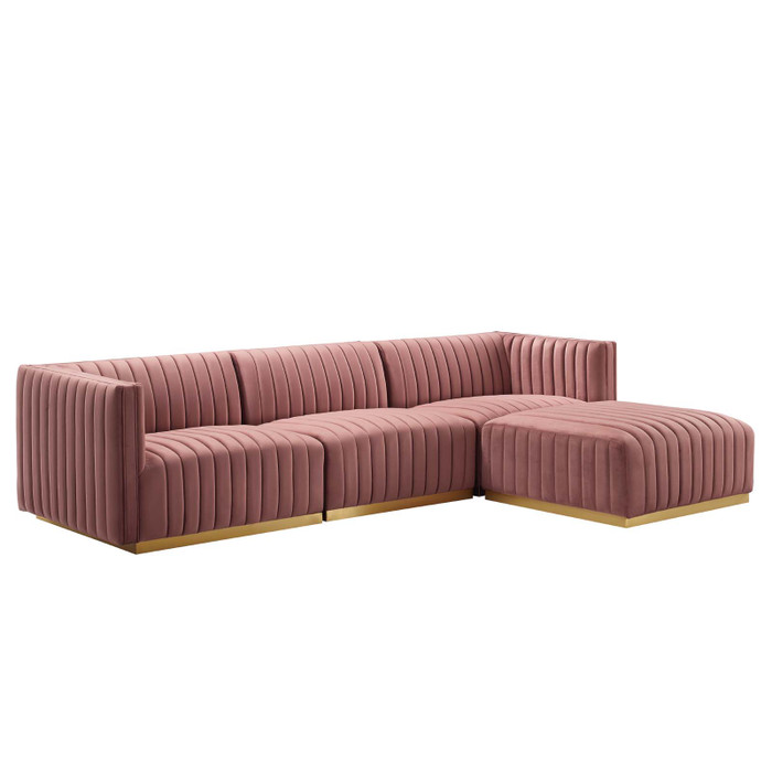 EEI-5844-GLD-DUS Conjure Channel Tufted Performance Velvet 4-Piece Sectional - Gold Dusty Rose By Modway