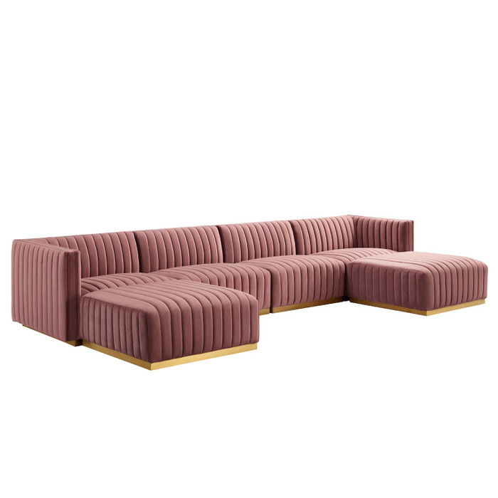 EEI-5846-GLD-DUS Conjure Channel Tufted Performance Velvet 6-Piece Sectional - Gold Dusty Rose By Modway