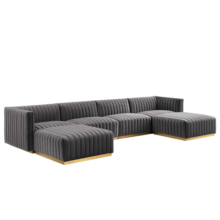 EEI-5846-GLD-GRY Conjure Channel Tufted Performance Velvet 6-Piece Sectional - Gold Gray By Modway