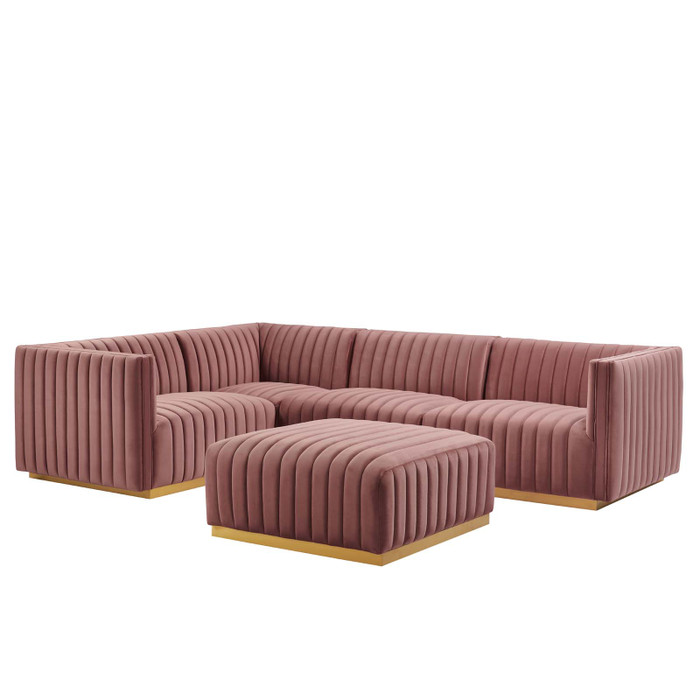 EEI-5852-GLD-DUS Conjure Channel Tufted Performance Velvet 5-Piece Sectional - Gold Dusty Rose By Modway