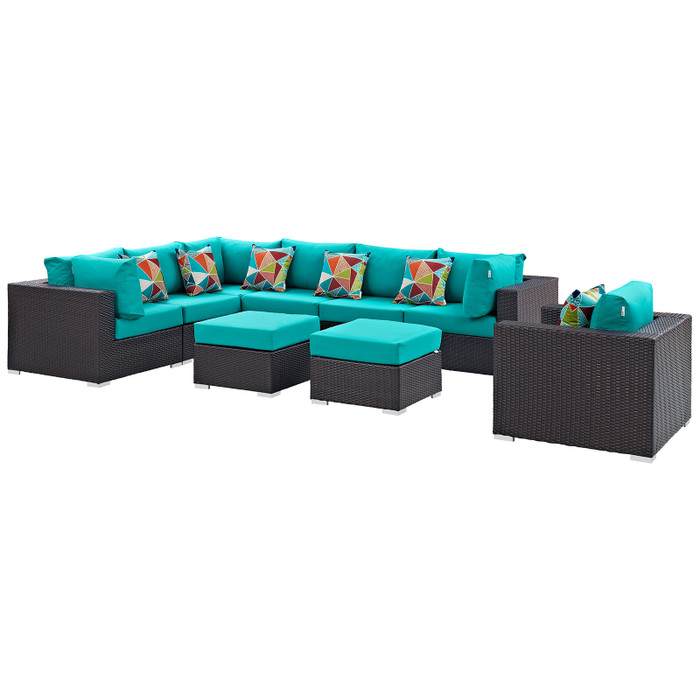 EEI-2373-EXP-TRQ-SET Convene 9 Piece Outdoor Patio Sectional Set - Espresso Turquoise By Modway