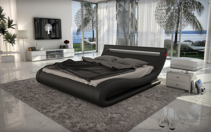 Eastern King Modrest Corsica - Contemporary Black Leatherette Bed With Headboard Lights VGINCORSICA-BLK-EK