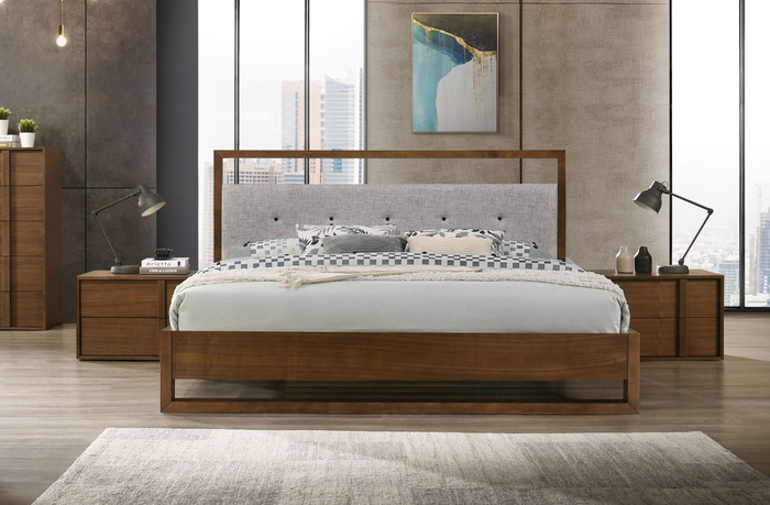 Queen Nova Domus Falcor - Modern Grey Fabric & Walnut Veneer Bed VGMABR-107-BED-Q