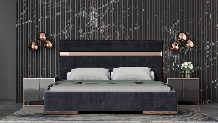 Modrest Cartier - California King Modern Black + Rose Gold Bed + Nightstands VGVCBD-A002-BLK-BED-2NS-SET-CK