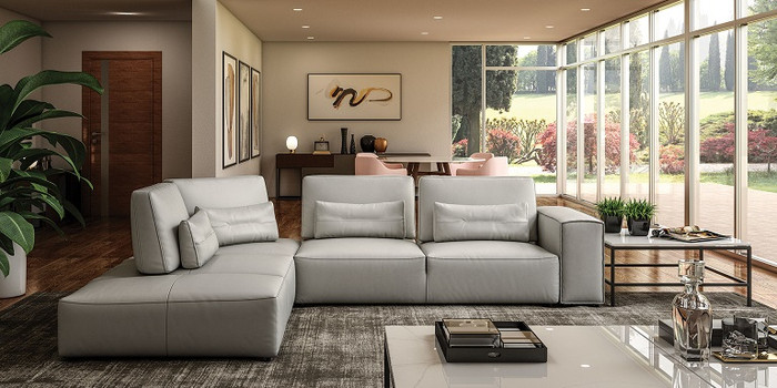 Coronelli Collezioni Hollywood - Italian Light Grey Leather Laf Chaise Sectional Sofa VGCC-HOLLYWOOD-GREY-LAF-SECT