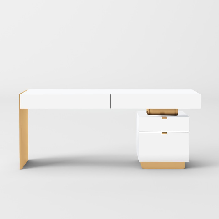 Modrest Trahan - Modern Gloss White And Brushed Gold Office Desk VGBB-MQ2101-W-DESK