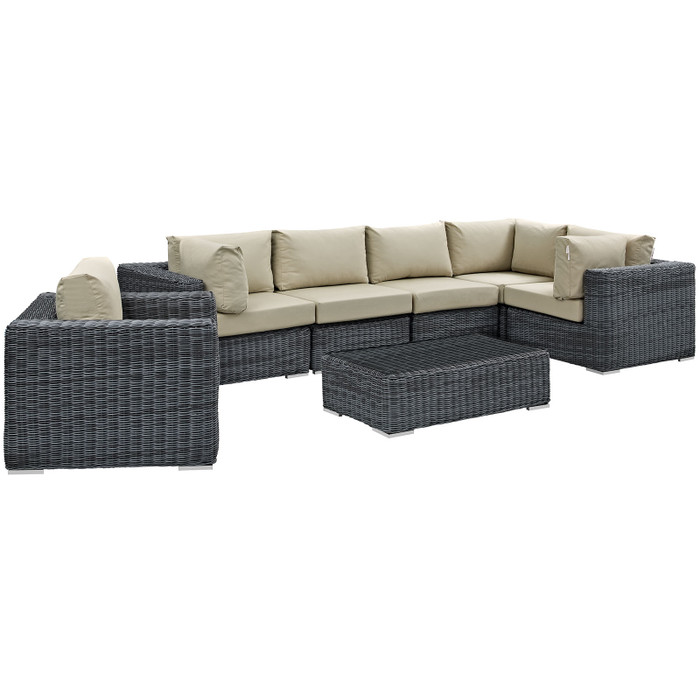EEI-1892-GRY-BEI-SET Summon 7 Piece Outdoor Patio Sunbrella Sectional Set By Modway