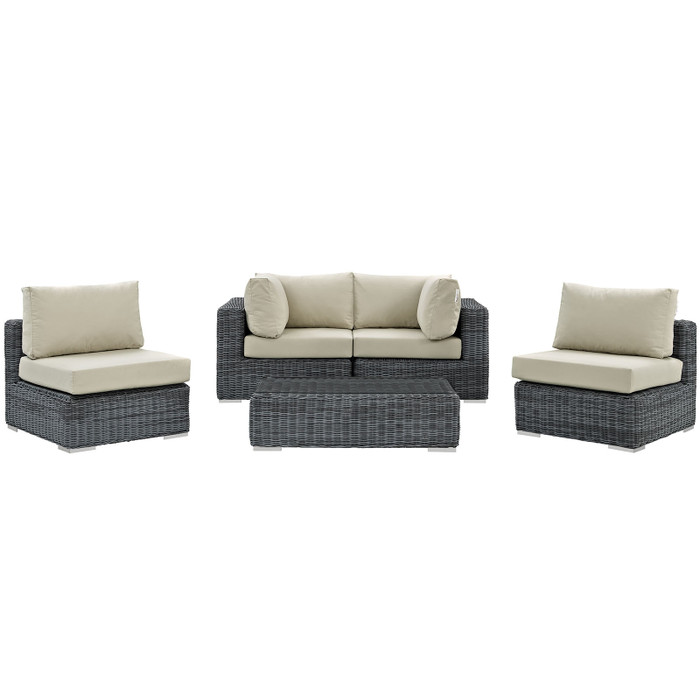 EEI-1896-GRY-BEI-SET Summon 5 Piece Outdoor Patio Sunbrella Sectional Set By Modway