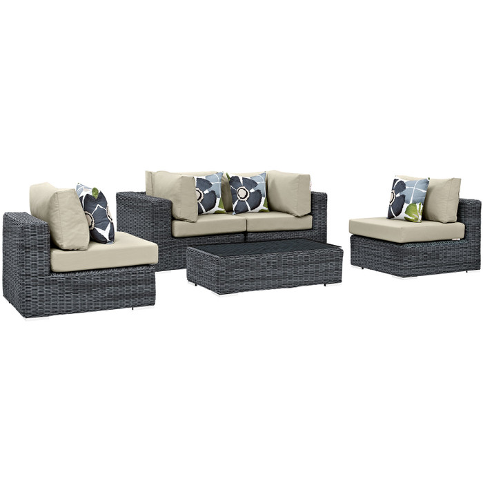 EEI-2391-GRY-BEI-SET Summon 5 Piece Outdoor Patio Sunbrella Sectional Set By Modway