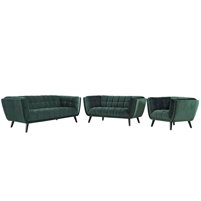 EEI-2978-GRN-SET Bestow 3 Piece Performance Velvet Sofa Loveseat And Armchair Set By Modway