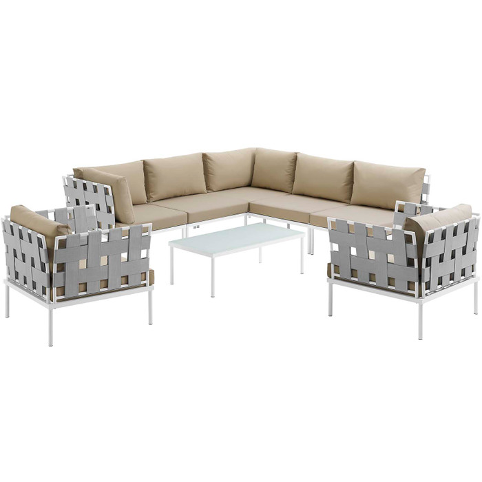 EEI-2619-WHI-BEI-SET Harmony 8 Piece Outdoor Patio Aluminum Sectional Sofa Set By Modway