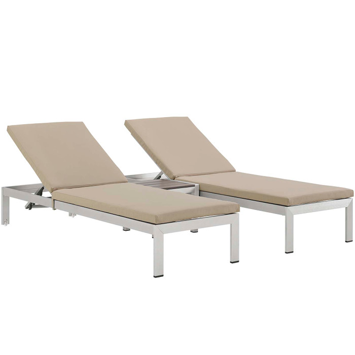 EEI-2736-SLV-BEI-SET Shore 3 Piece Outdoor Patio Aluminum Chaise With Cushions By Modway