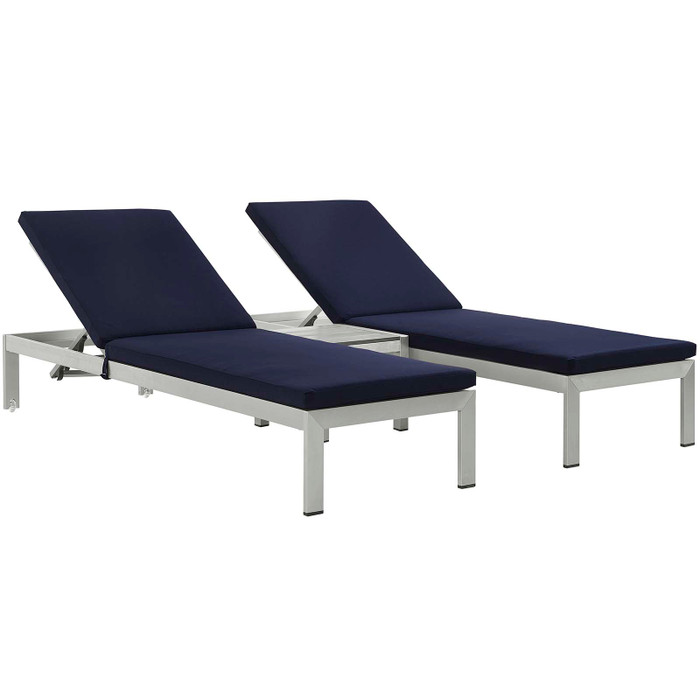 EEI-2736-SLV-NAV-SET Shore 3 Piece Outdoor Patio Aluminum Chaise With Cushions By Modway