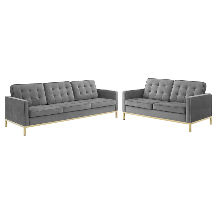 EEI-4099-GLD-GRY-SET Loft Gold Stainless Steel Leg Performance Velvet Sofa And Loveseat Set By Modway
