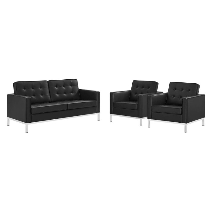 EEI-4103-SLV-BLK-SET Loft 3 Piece Tufted Upholstered Faux Leather Living Room Set By Modway