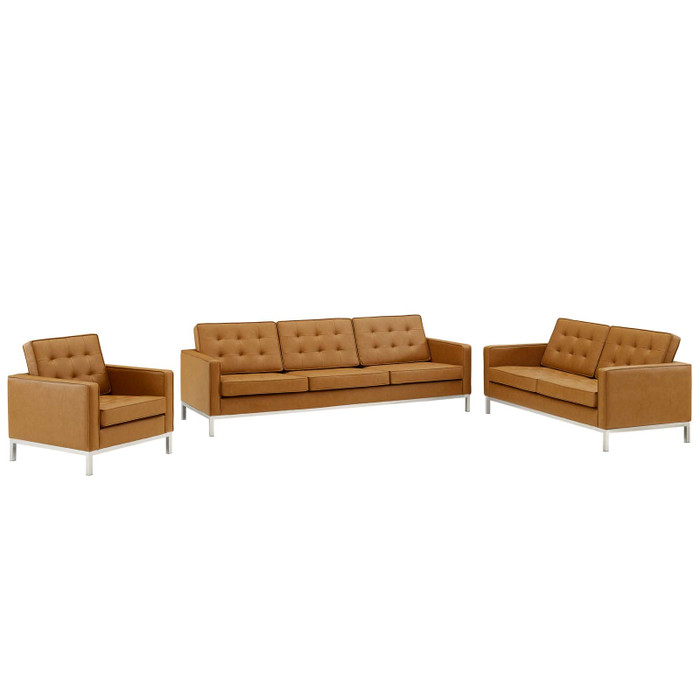 EEI-4107-SLV-TAN-SET Loft Tufted Upholstered Faux Leather 3 Piece Living Room Set By Modway