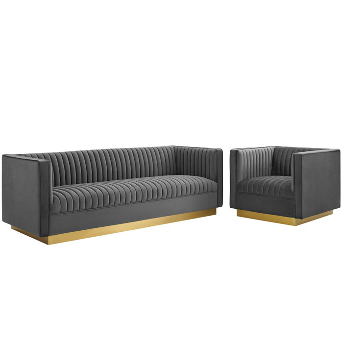 EEI-4143-GRY-SET Sanguine Vertical Channel Tufted Upholstered Performance Velvet Sofa And Armchair Set By Modway
