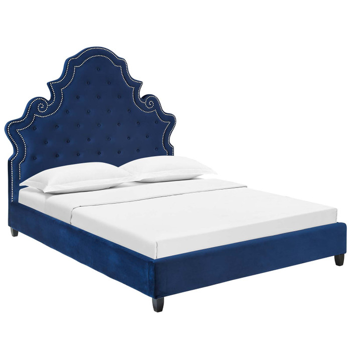 MOD-5808-NAV Valentina Queen Tufted Nailhead Performance Velvet Platform Bed By Modway