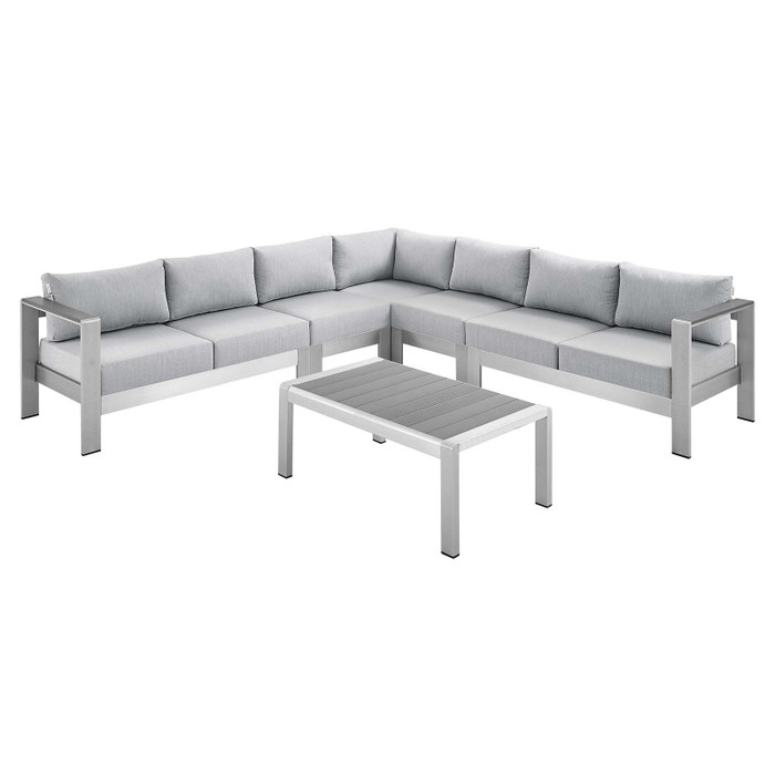 EEI-4319-SLV-GRY-SET Shore Sunbrella Fabric Outdoor Patio Aluminum 6 Piece Sectional Sofa Set By Modway