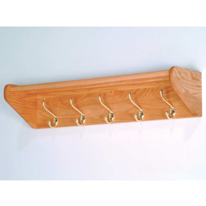 32HCRLO 5 Hook Shelf, Brass Hooks, Light Oak By Wooden Mallet