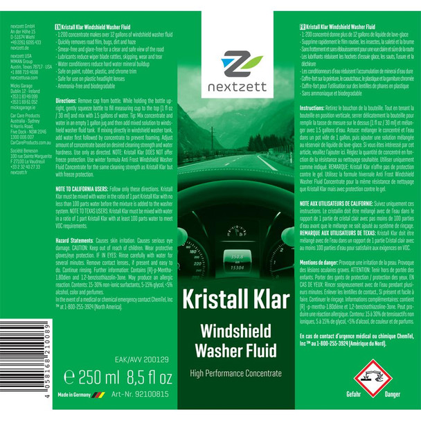 nextzett Kristall Klar Premium Washer Fluid Concentrate - 8.5 oz (250 ml)  instructions