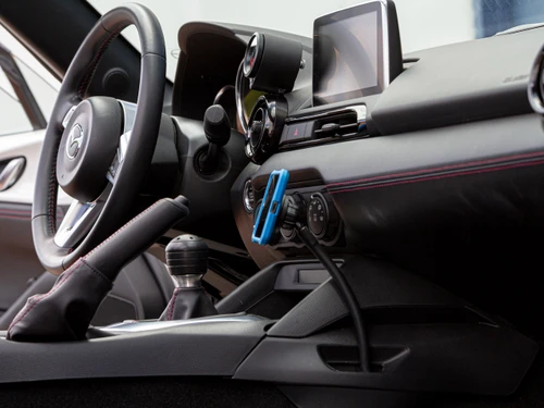The Gemini Flex Phone mount with Magnet attachment installed in a 2016 Mazda Miata.