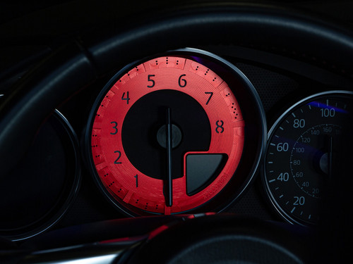 CravenSpeed Red Billet Tach Dial, anodized and installed on MX-5 Miata, 1000 to 8000 RPM