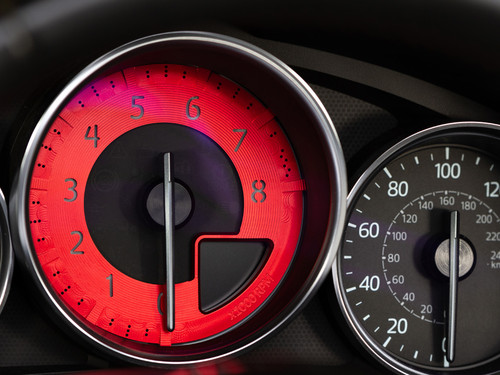 CravenSpeed Red Billet Tach Dial, anodized and installed on MX-5 Miata, next to speedometer