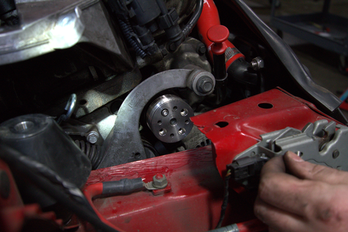 Supercharger Pulley for R53 MINI Cooper Installed on a Chili Red R53