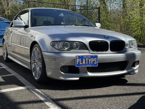 The Platypus License Plate Mount shown on a 2004 BMW 330Ci