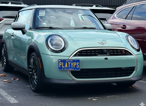 The Platypus License Plate Mount shown on 4th gen MINI Cooper S.