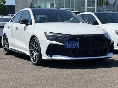 The Platypus License Plate Mount shown on a 2026 Audi RS 3. NOTE: This kit is not compatible with the 2022-2024 pre-facelift RS 3. 