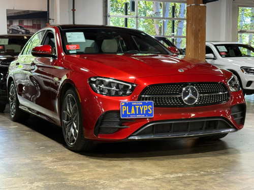 The Platypus License Plate Mount shown on a 2023 E 350 Sedan with AMG Line appearance package. 