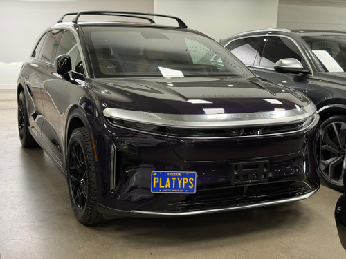 The Platypus License Plate Mount shown on a 2026 Lucid Gravity Grand Touring. 