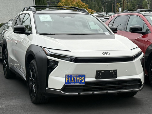 The Platypus License Plate Mount shown on a 2026 Toyota bZ Woodland Premium 