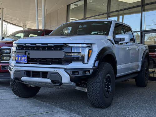 The Platypus License Plate Mount shown on a 2025 Ford F-150 Raptor.