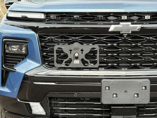The Platypus License Plate Mount shown on a 2026 Chevy Traverse RS. 
