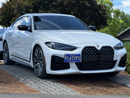 The Platypus License Plate Mount shown on a 2023 BMW M440i Gran Coupe