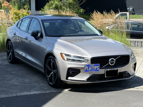 The Platypus License Plate Mount shown on a 2024 Volvo S60