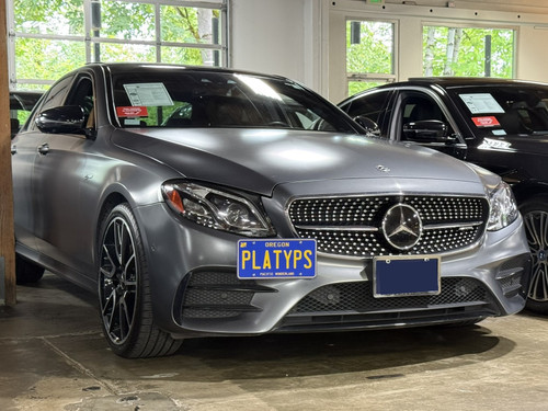 The Platypus License Plate Mount shown on a pre-facelift 2018 Mercedes E-Class AMG E 43. 
