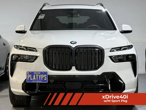 The Platypus License Plate Mount shown on a 2025 BMW X7 xDrive40i with the M Sport package.