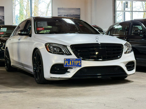 The Platypus License Plate Mount shown on a 2019 Mercedes S-Class S 580 (facelift)