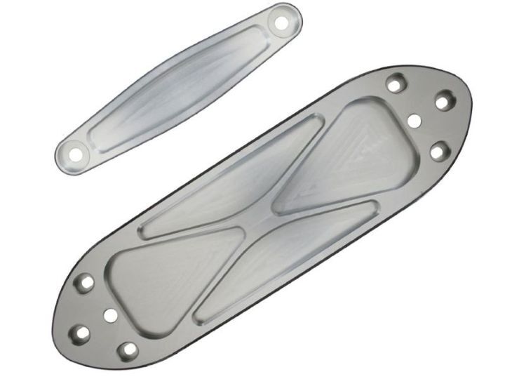 Close up of clear anodized CNC-machined 6061 aluminum chassis braces