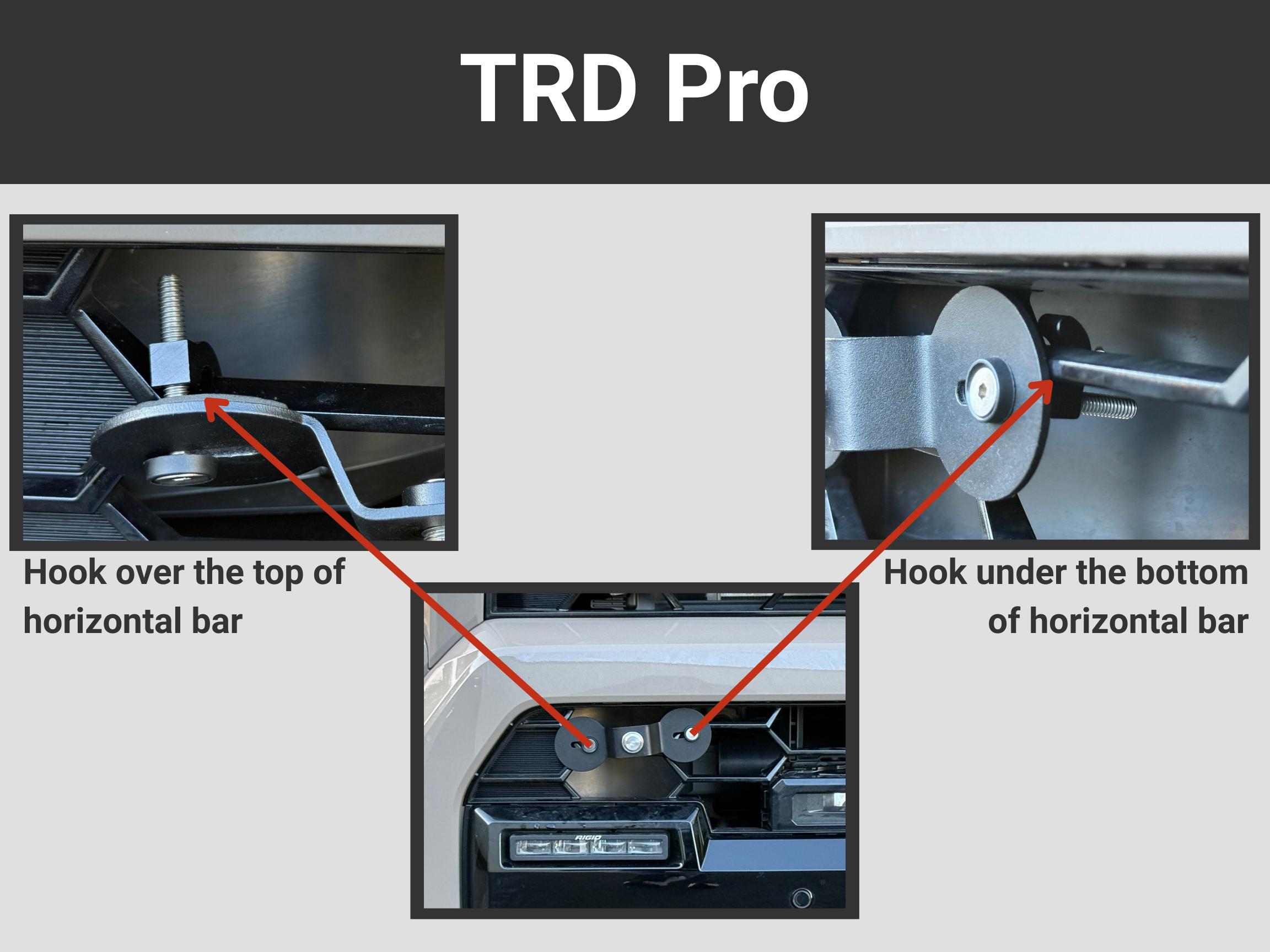 Infographic showing the installation process of the Platypus Grille mount on a 2025 Toyota 4Runner TRD Pro