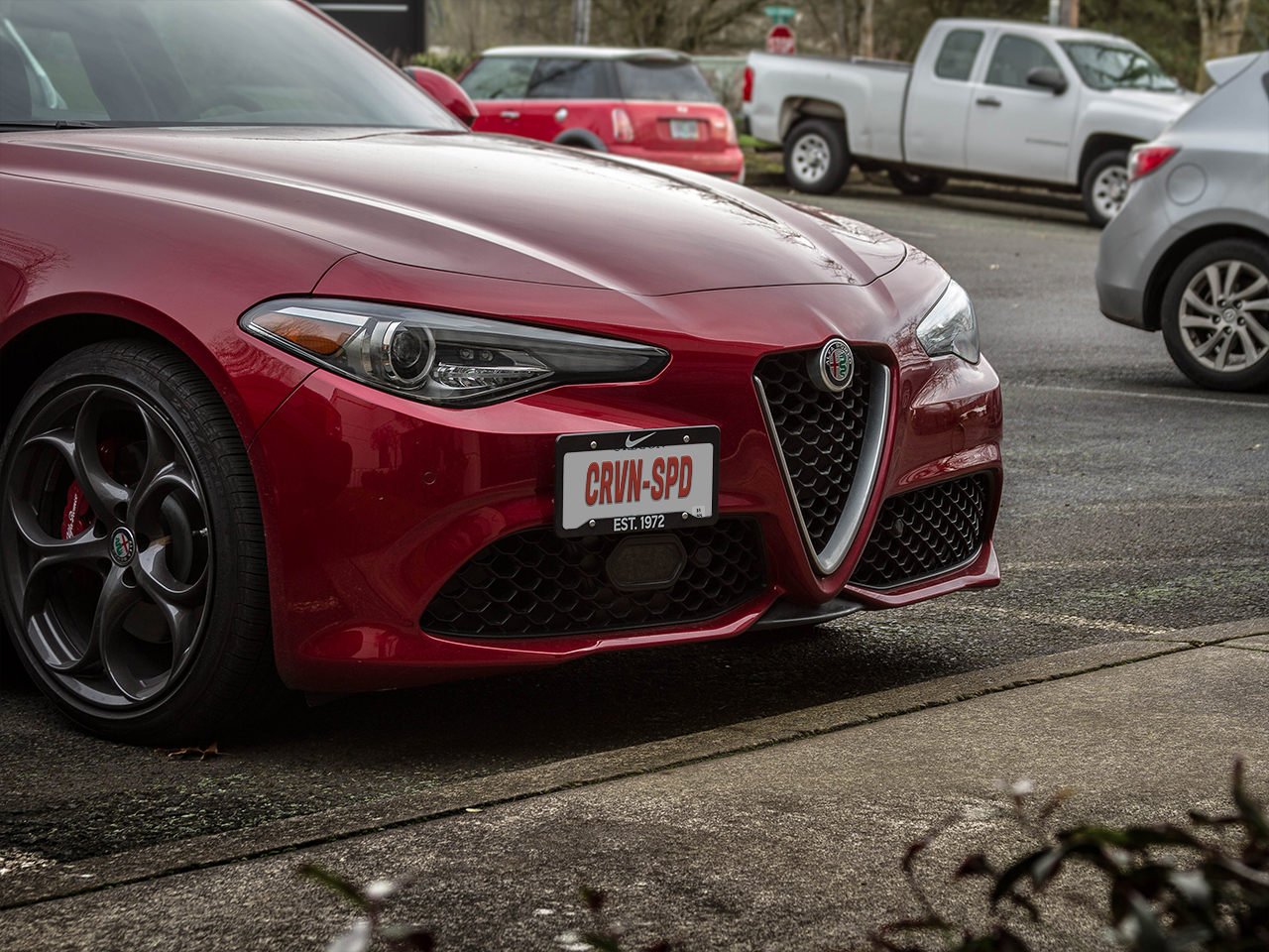 The CravenSpeed Platypus License Plate Mount installed on a 2018 Alfa Romeo Giulia Quadrifoglio.