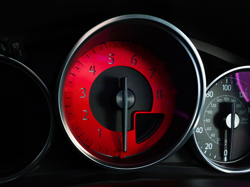 CravenSpeed Red Billet Tach Dial, anodized and installed on MX-5 Miata, half moon shadow